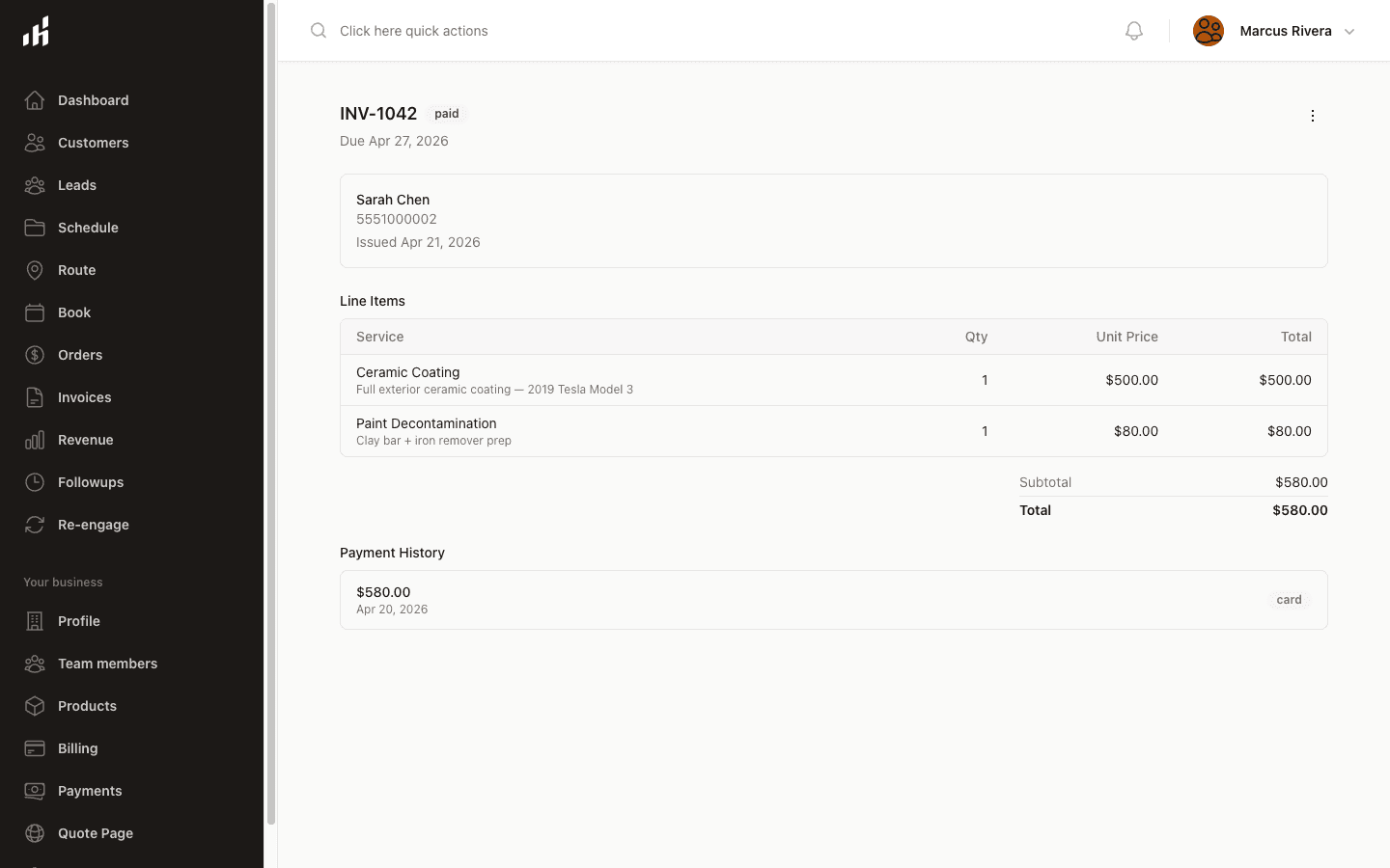 Plumbing invoice with parts and labor ready to send via SMS