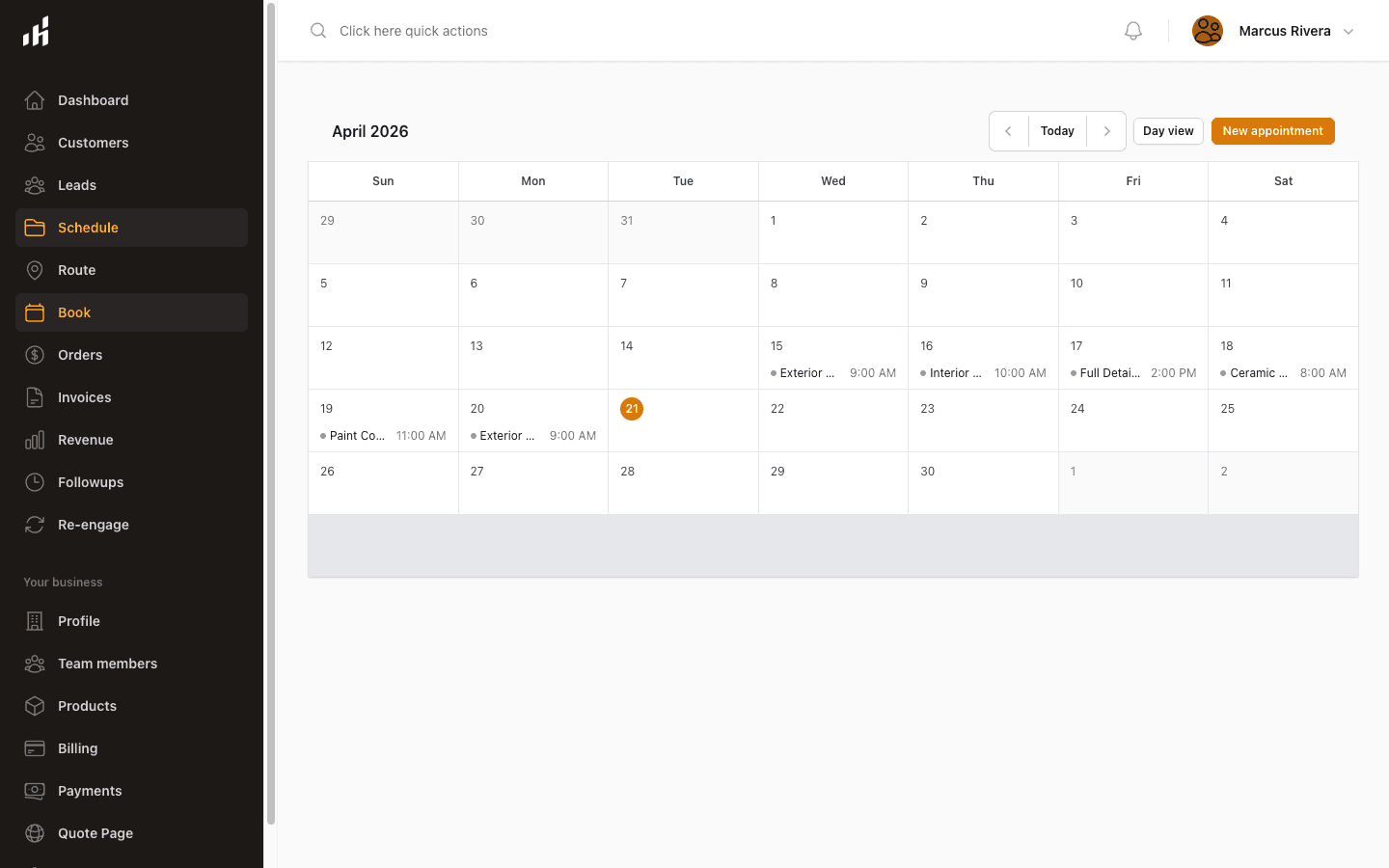 Plumbing scheduling view with service call and job detail fields
