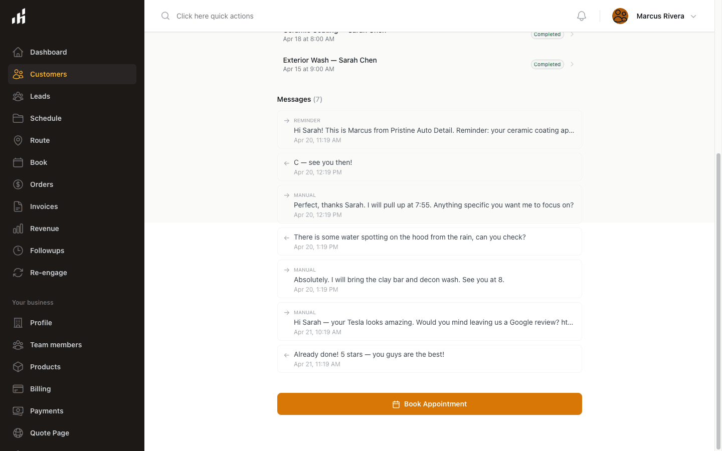 SMS reminder thread between a plumber and a customer